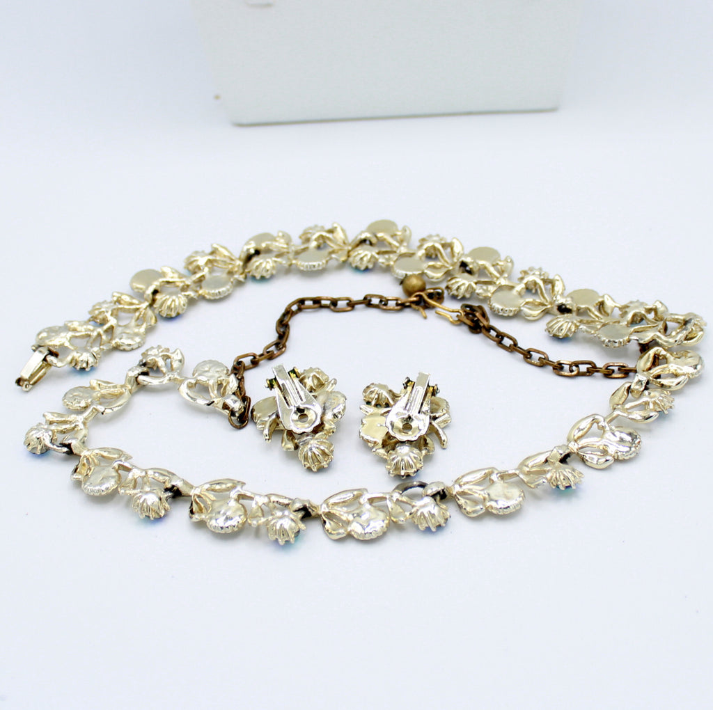 Vintage Blue AB Rhinestone MOP Disk Flower Leaf Necklace Bracelet Earrings Set