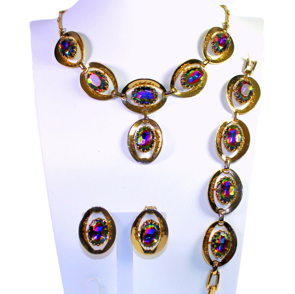 Vintage WATERMELON Vitrail Rhinestone Statement Necklace Bracelet Earrings Set