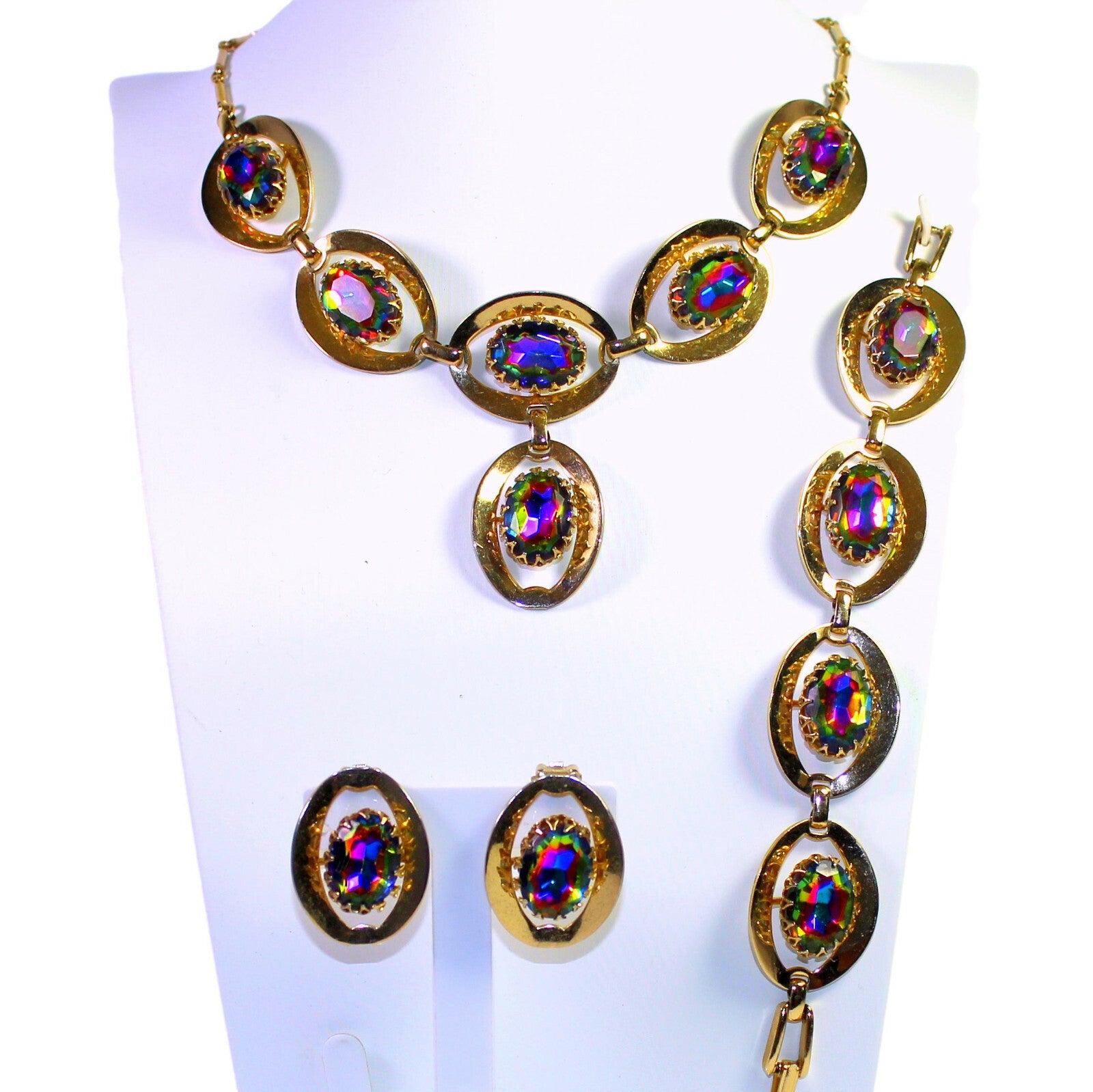Vintage WATERMELON Vitrail Rhinestone Statement Necklace Bracelet Earrings Set