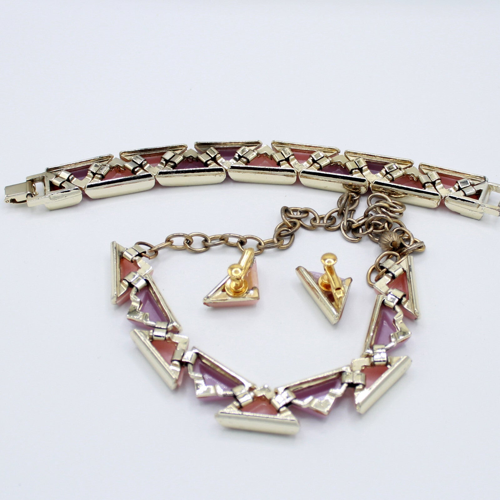 VTG Pink Lavender Triangle Geometric Thermoset Necklace Bracelet Earrings Set