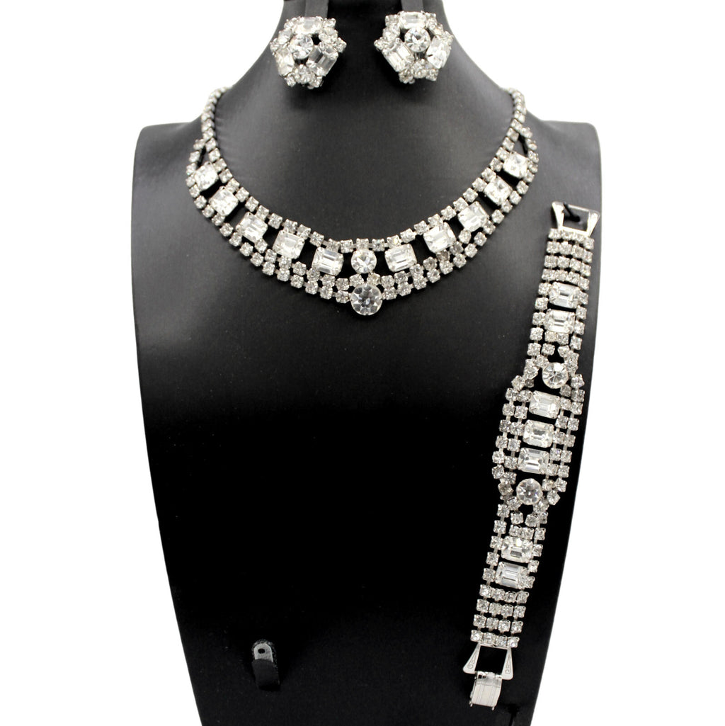 Vintage Statement CLEAR CUSHION CUT Rhinestone Necklace Bracelet Earrings Set
