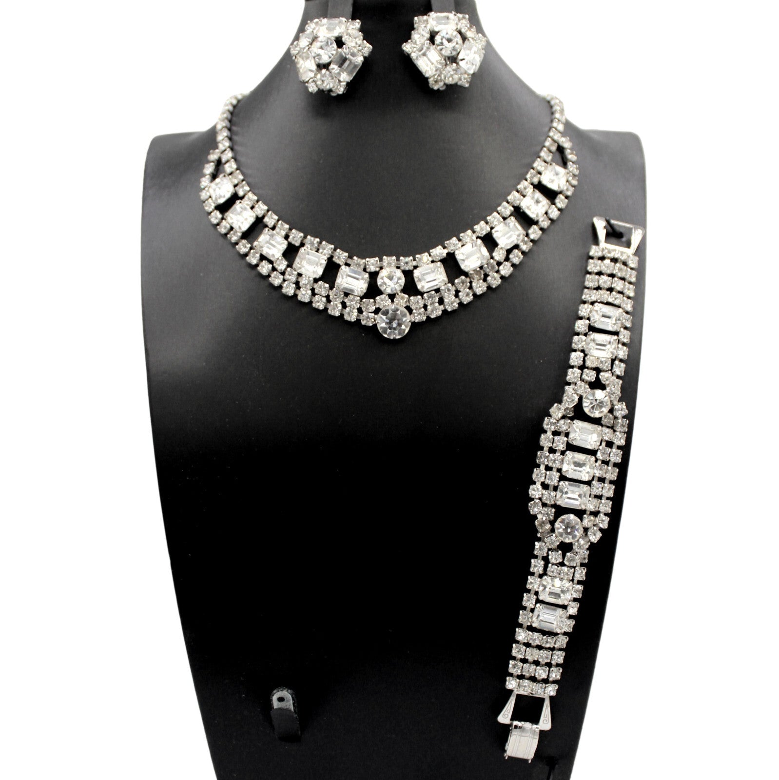 Vintage Statement CLEAR CUSHION CUT Rhinestone Necklace Bracelet Earrings Set