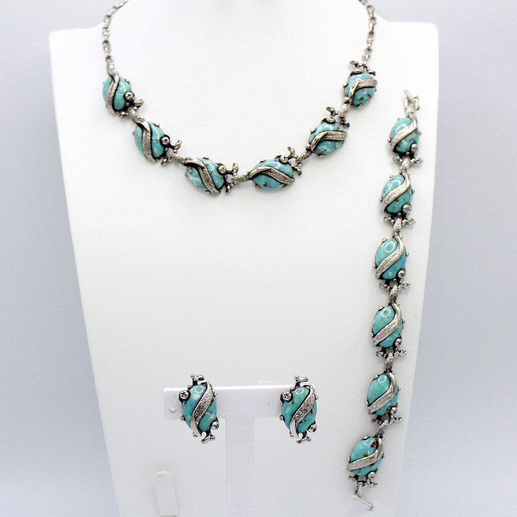 Vintage Glass Turquoise Matrix Cabochon Vine Wrap Necklace Bracelet Earrings Set