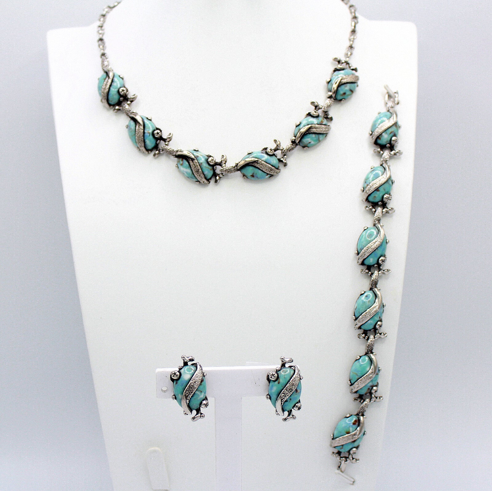 Vintage Glass Turquoise Matrix Cabochon Vine Wrap Necklace Bracelet Earrings Set