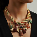 VTG JULIANA Gold Rust Olive Twisted Cord Ethnic Stone Charm Necklace IIJJ#8832