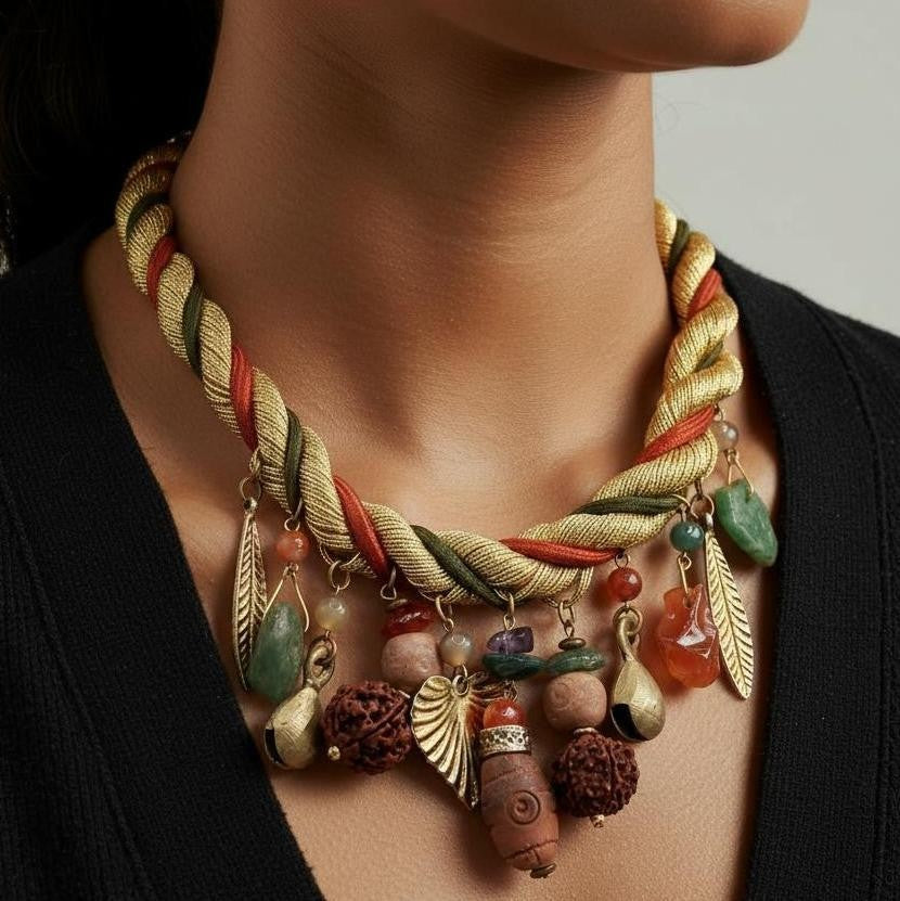 VTG JULIANA Gold Rust Olive Twisted Cord Ethnic Stone Charm Necklace IIJJ#8832