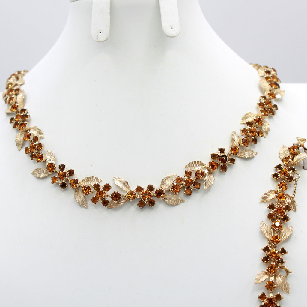 Vintage Dainty Topaz Amber Rhinestone Leaf Necklace Bracelet Dangle Earrings Set