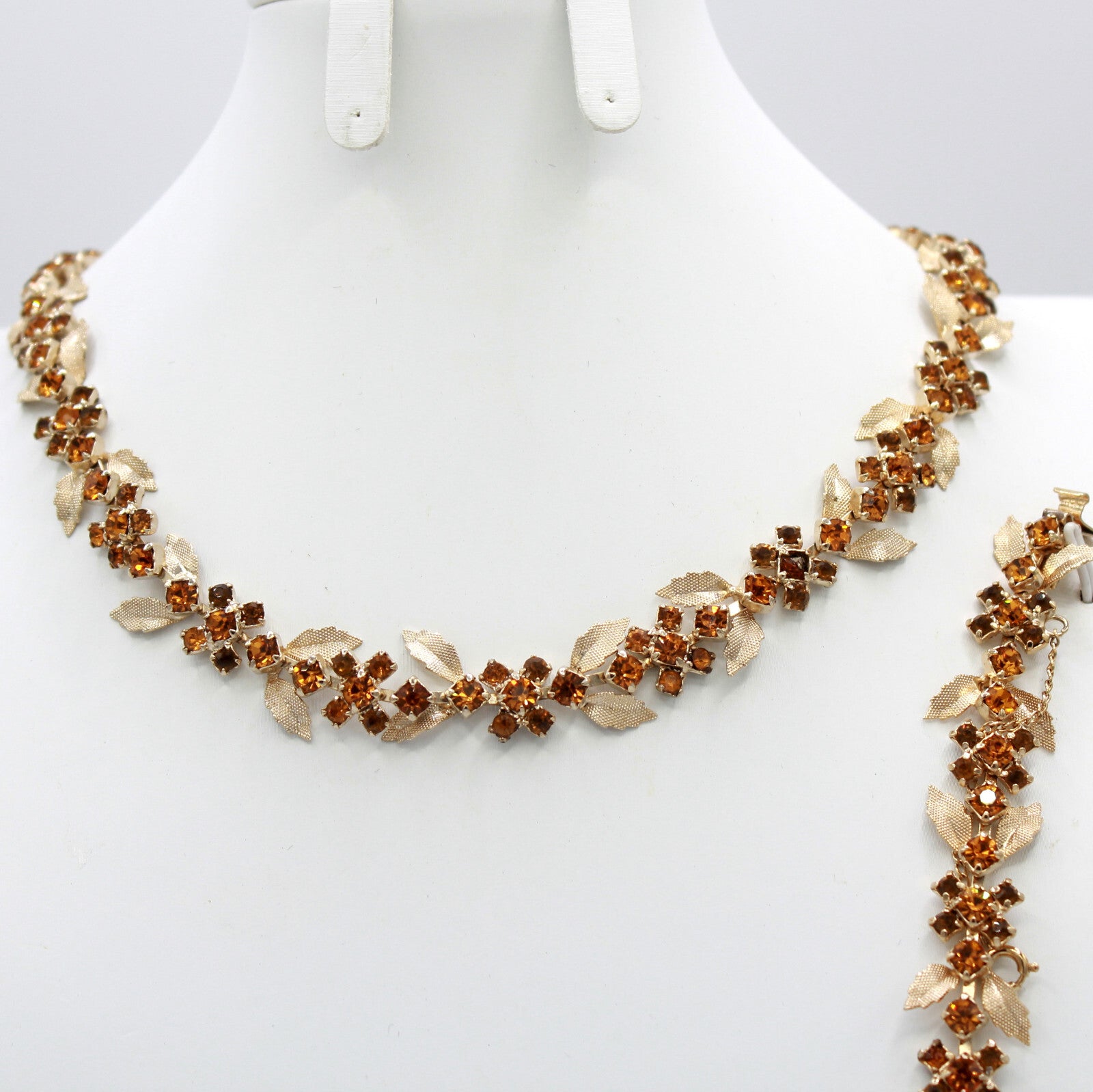 Vintage Dainty Topaz Amber Rhinestone Leaf Necklace Bracelet Dangle Earrings Set