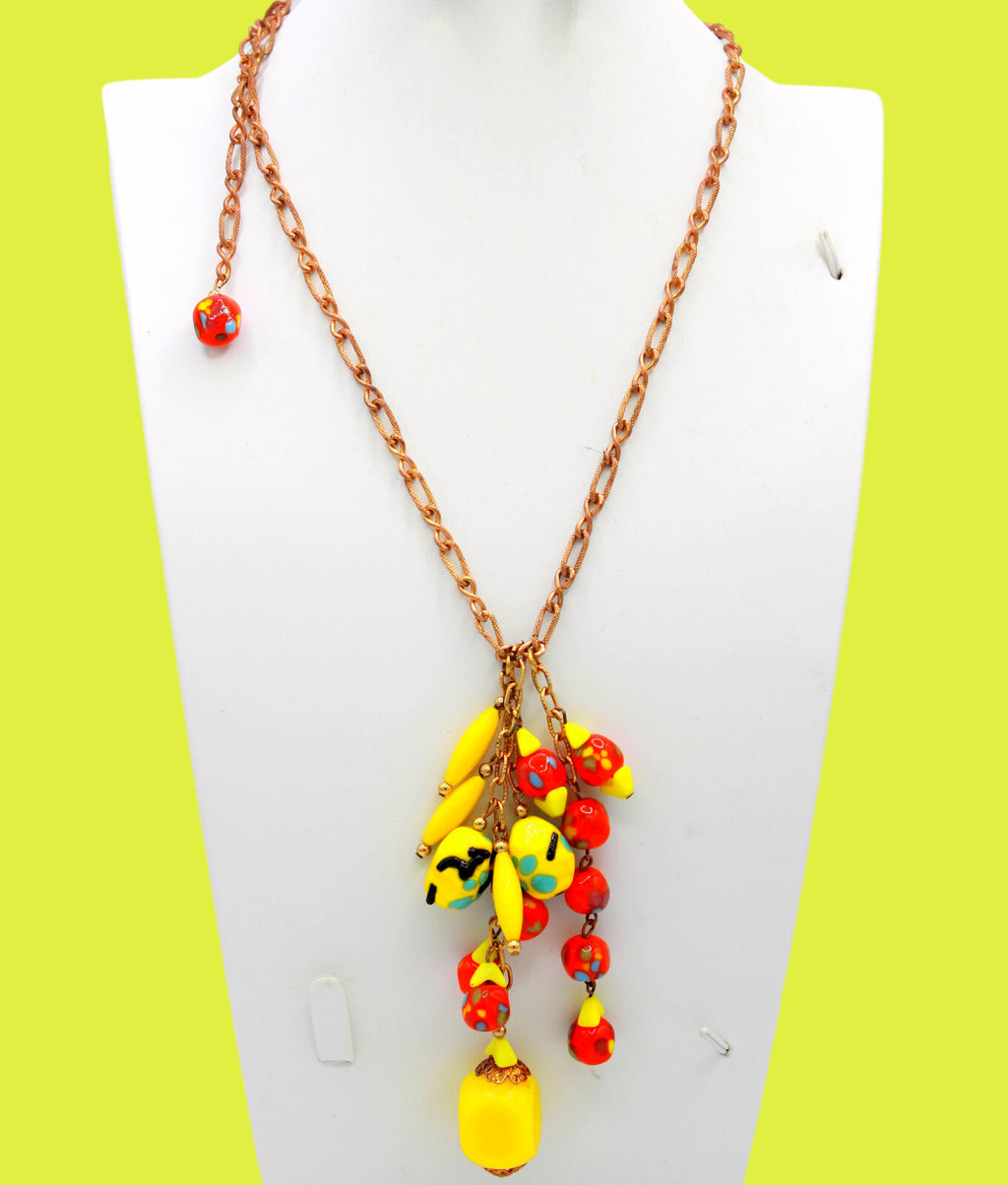 VTG HOBE Orange Yellow Lampwork Murano Glass Bead Dangle Fringe Lariat Necklace