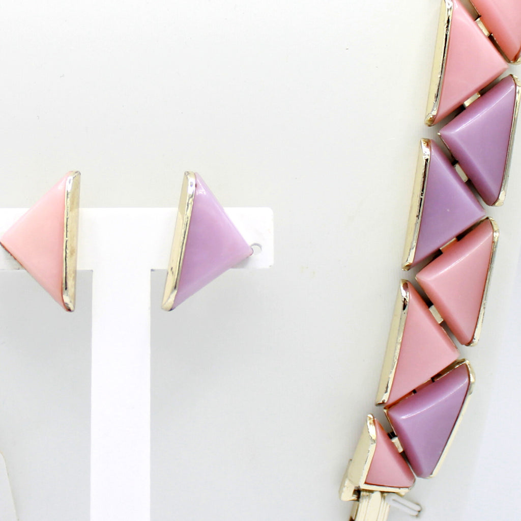 VTG Pink Lavender Triangle Geometric Thermoset Necklace Bracelet Earrings Set