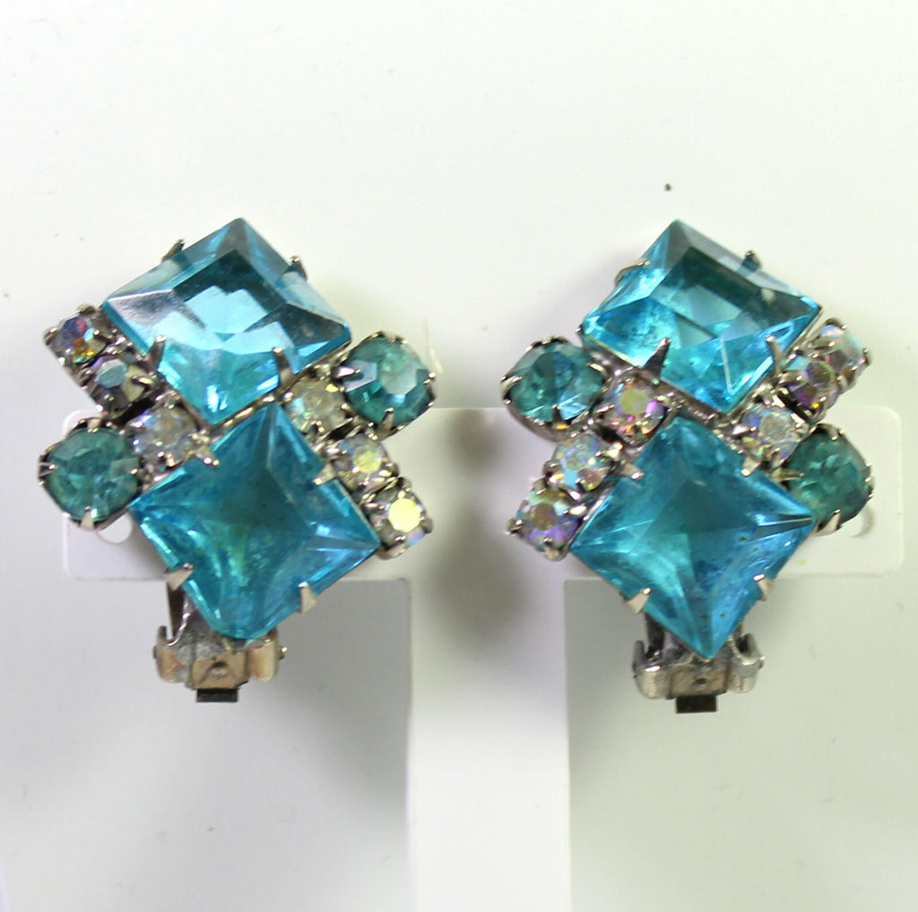 VTG AQUA TEAL BLUE Geometric Squares Rhinestone Necklace Bracelet Earrings Set