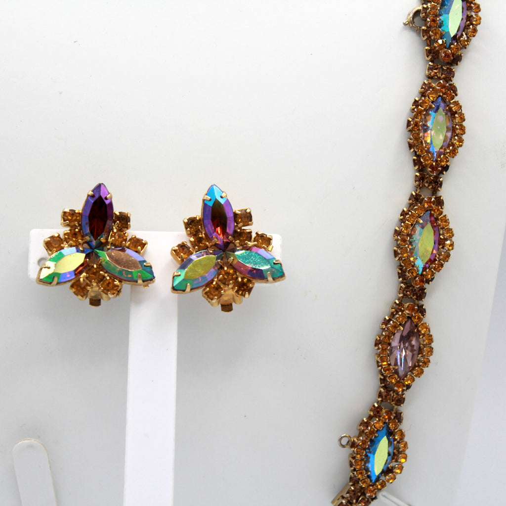 Vintage Topaz Lavender AB Rhinestone Halo Necklace Bracelet Earrings Set