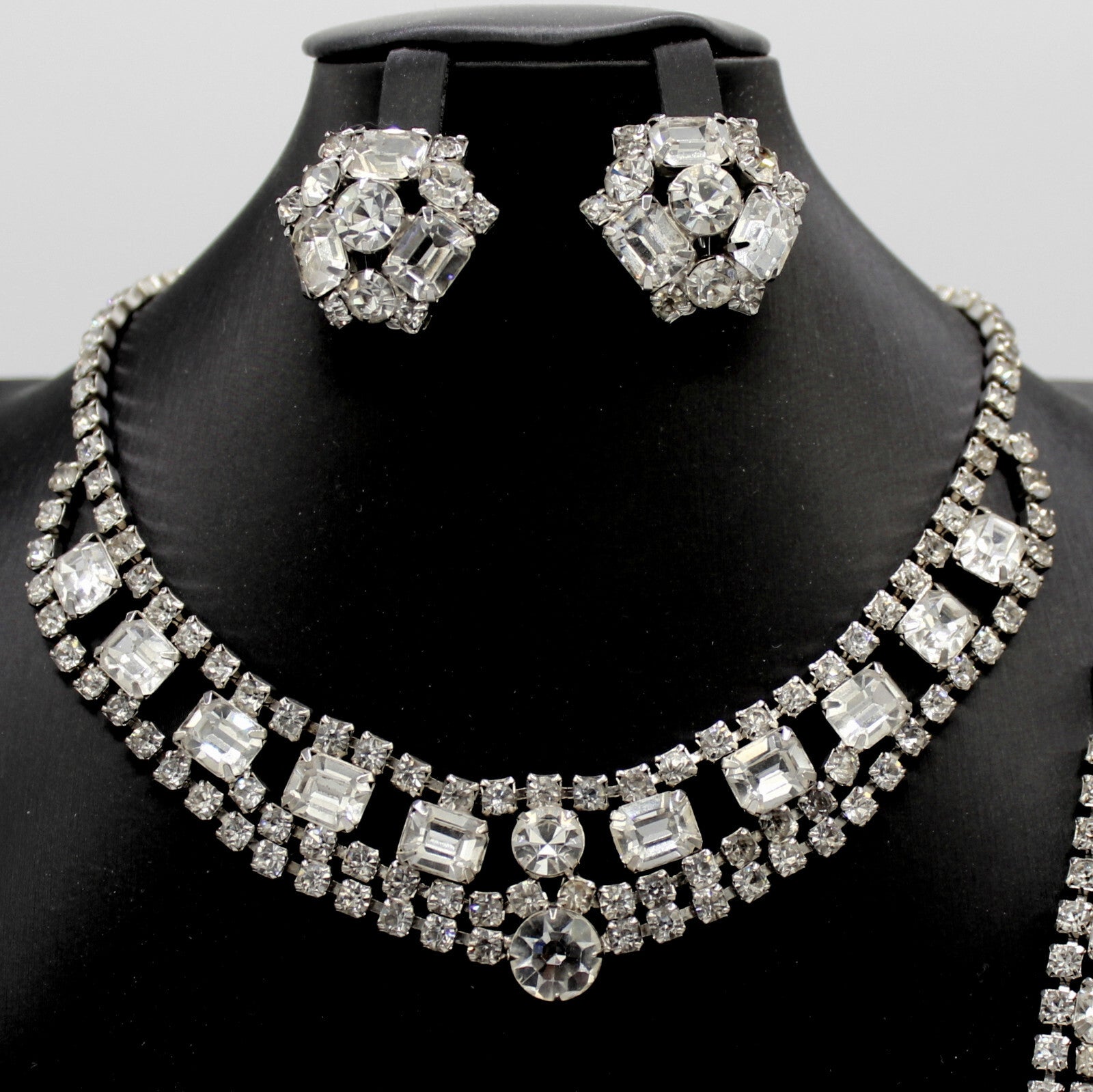 Vintage Statement CLEAR CUSHION CUT Rhinestone Necklace Bracelet Earrings Set