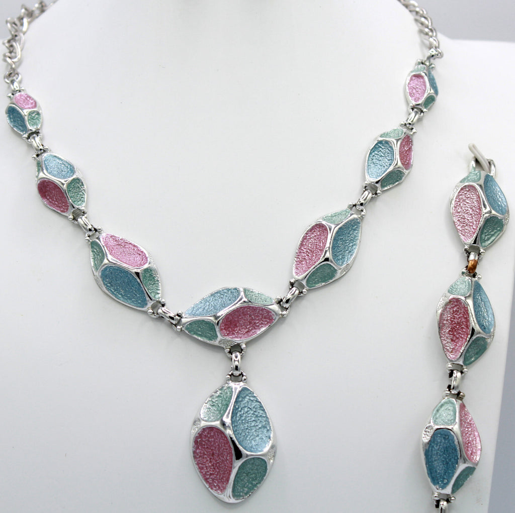 Vintage EMMONS Sparkle Blue Pink Green Enamel Mod Necklace Bracelet Earrings Set