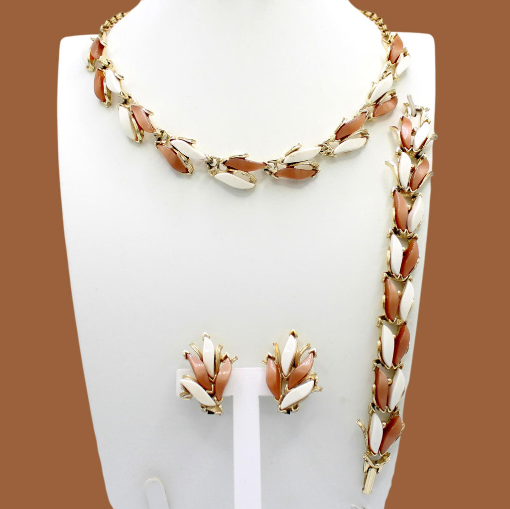 Vintage MOCHA BROWN WHITE THERMOSET Leaves Necklace Bracelet Earrings Set