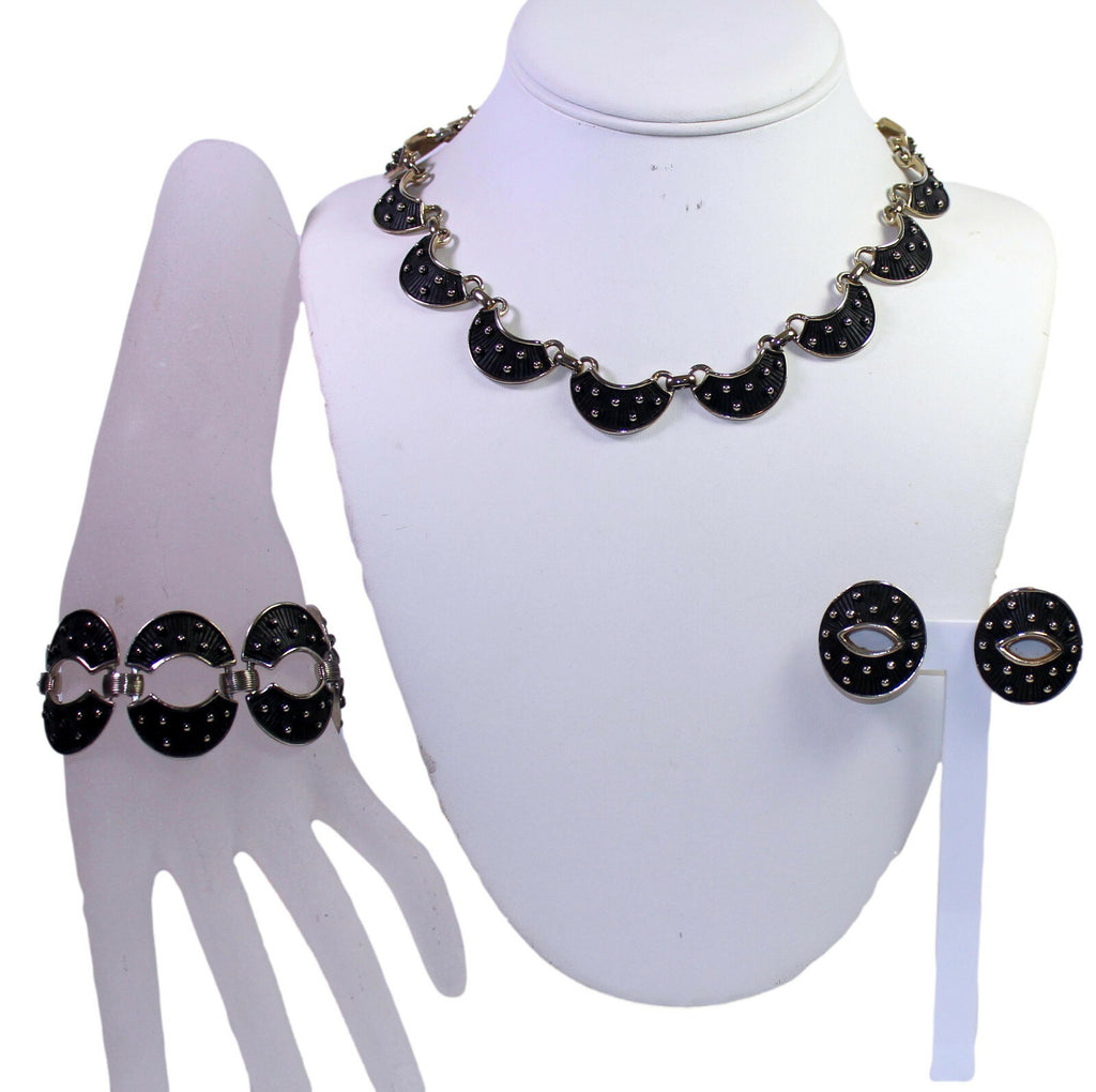 Vintage JUDY LEE Black Enamel Textured Polka Dot Necklace Bracelet Earrings Set