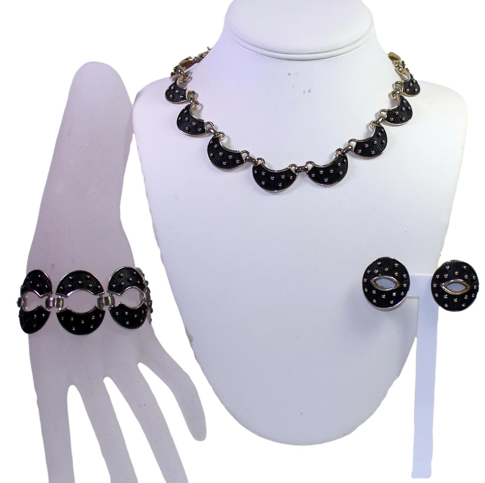 Vintage JUDY LEE Black Enamel Textured Polka Dot Necklace Bracelet Earrings Set