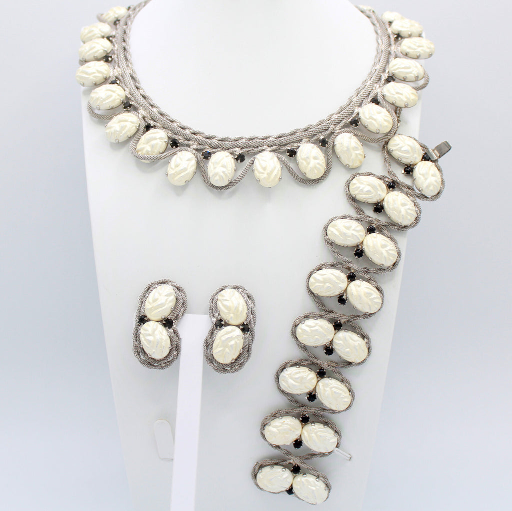 HOBE? White Carved Black Rhinestone Mesh Collar Necklace Bracelet Earrings Set