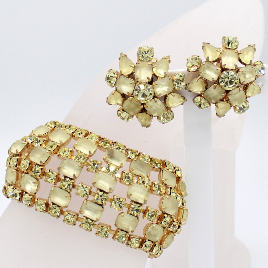 Vintage Frosted Yellow Jonquil Rhinestone Wide Bracelet Clip Earrings Set