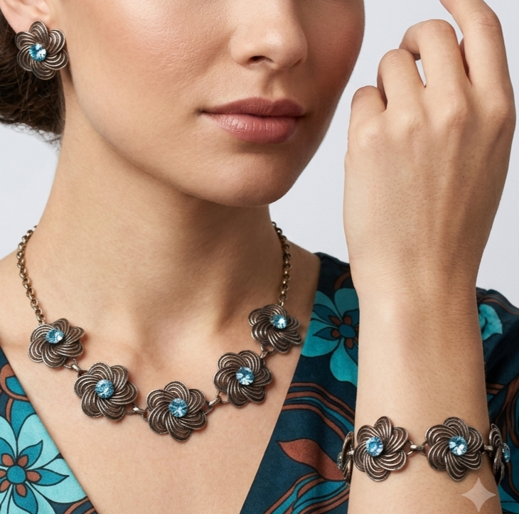VTG Baby Blue Rhinestone Metal Swirling Flower Necklace Bracelet Earrings Set