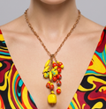 VTG HOBE Orange Yellow Lampwork Murano Glass Bead Dangle Fringe Lariat Necklace