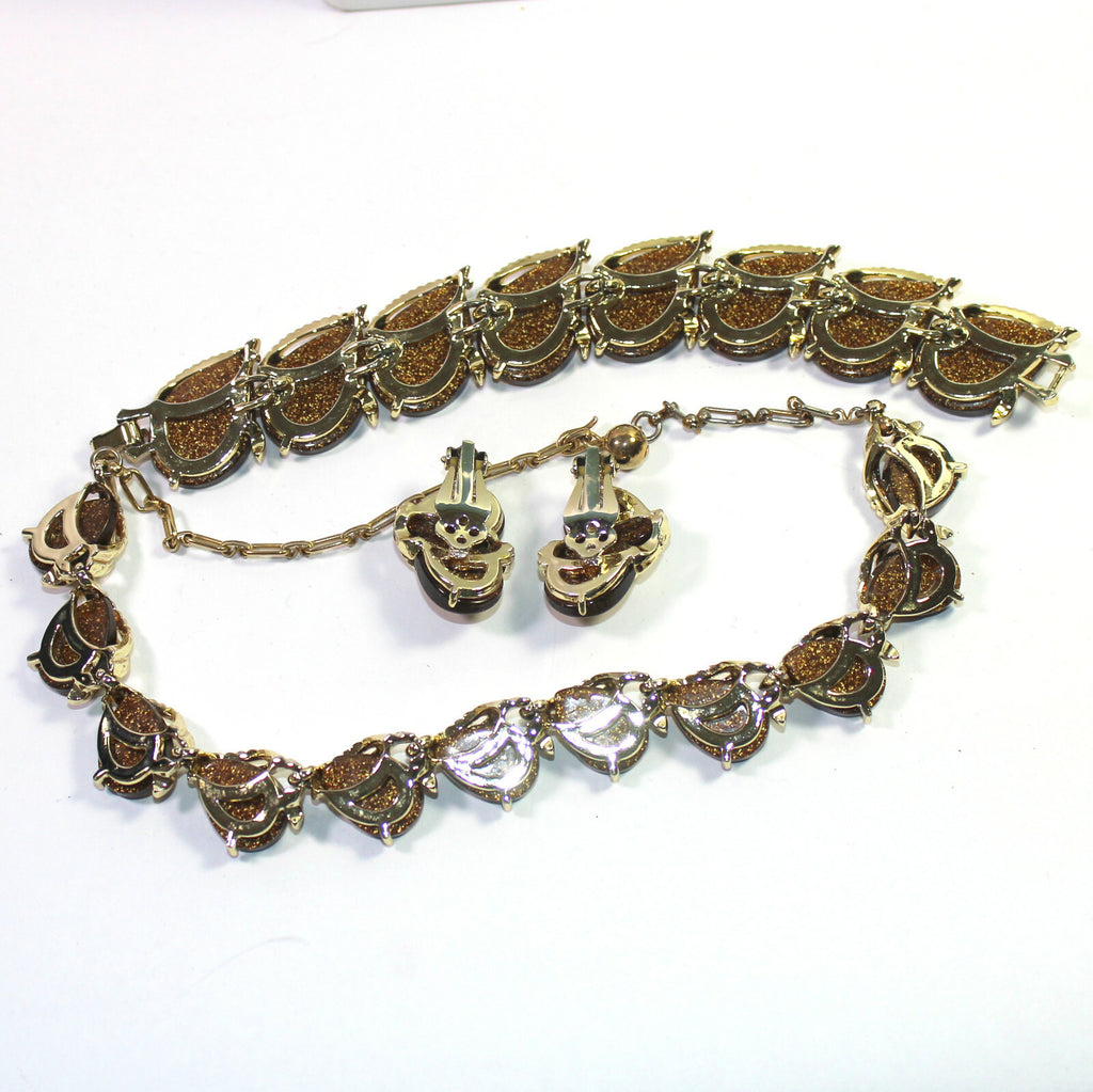 Vintage Copper Gold Glitter Brown Thermoset Necklace Bracelet Earrings Parure