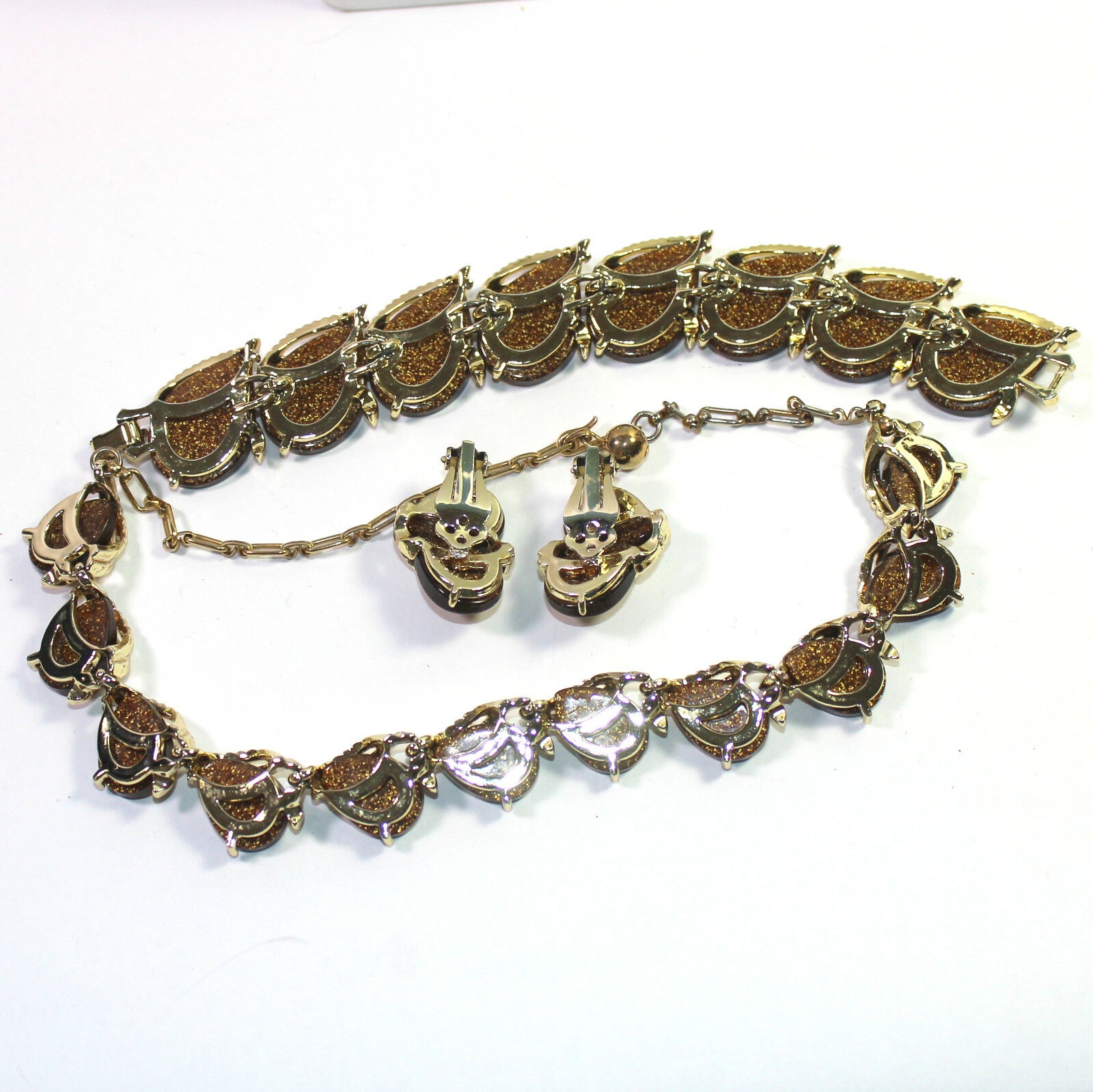 Vintage Copper Gold Glitter Brown Thermoset Necklace Bracelet Earrings Parure