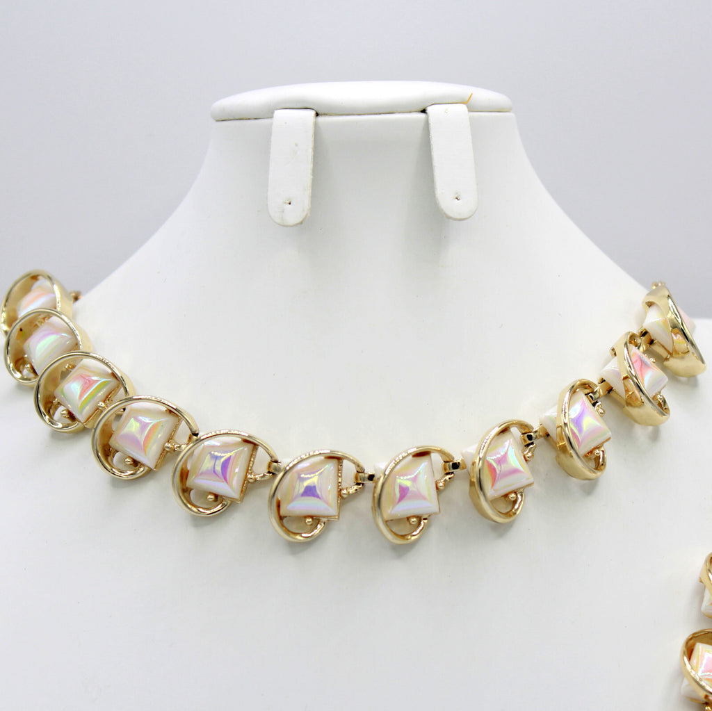 VTG Iridescent White Square Glass Geometric Mod Necklace Bracelet Earrings Set