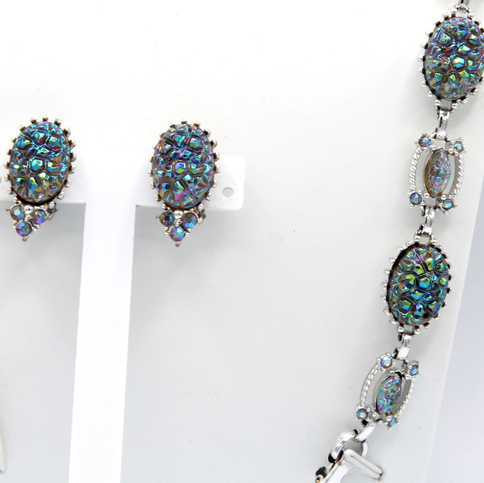 Blue Iridescent Carnival Glass Geode Rhinestone Necklace Bracelet Earrings Set