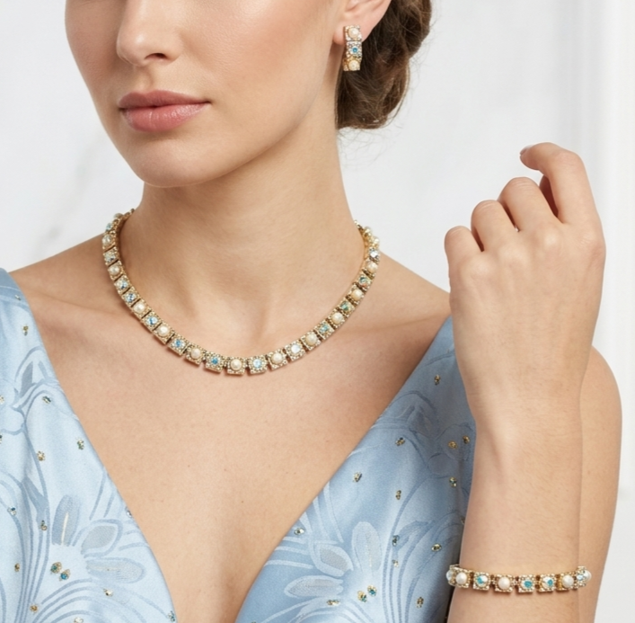 Vintage AB Rhinestone Faux Pearl Squares Linear Necklace Bracelet Earrings Set
