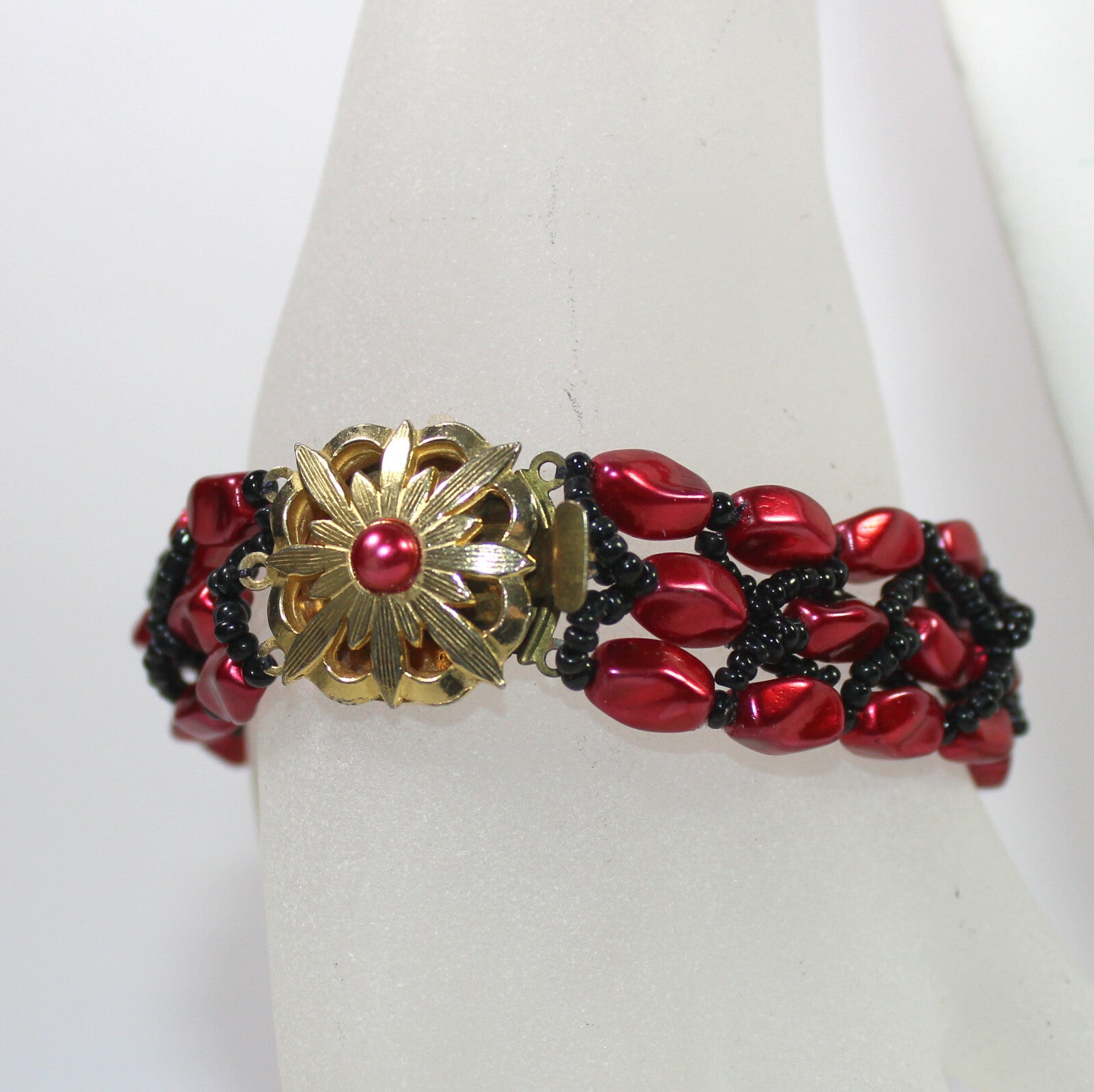 Vintage Cranberry Red Black Braided Bead Necklace Bracelet Earrings Set parure