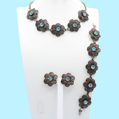 VTG Baby Blue Rhinestone Metal Swirling Flower Necklace Bracelet Earrings Set