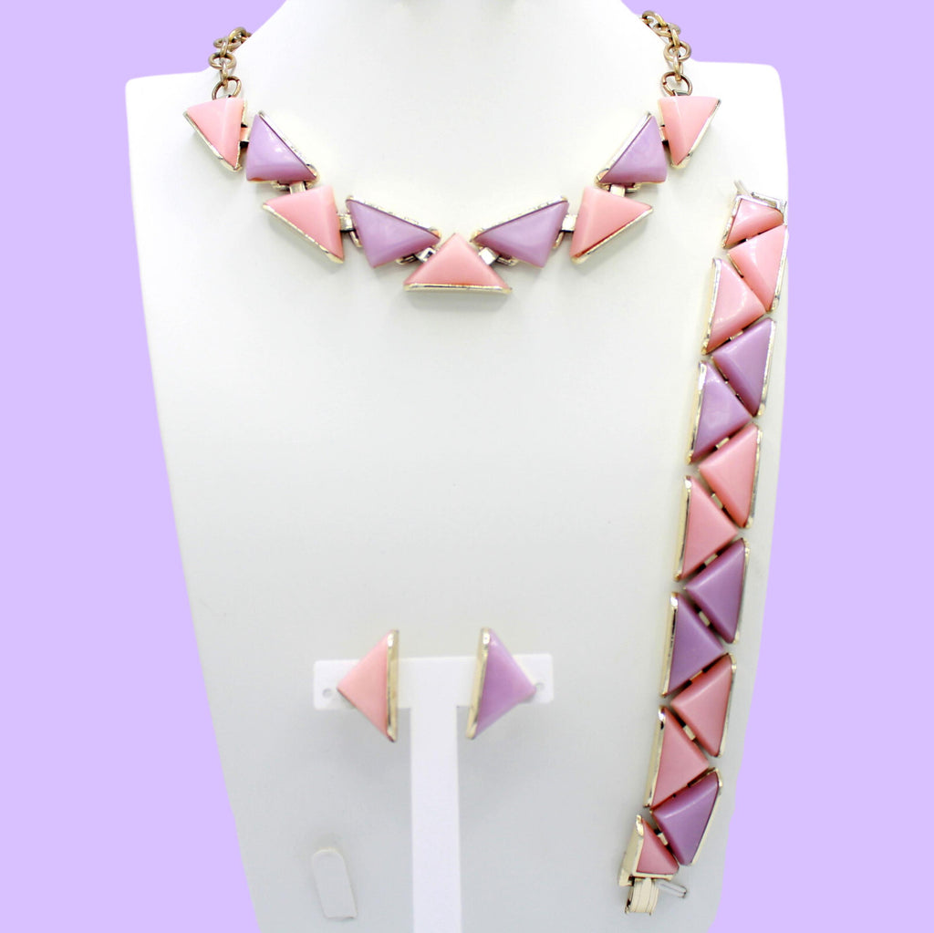 VTG Pink Lavender Triangle Geometric Thermoset Necklace Bracelet Earrings Set