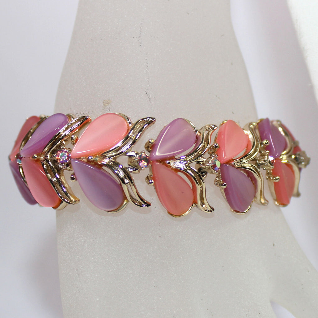 VTG ART Pastel Pink Lavender Thermoset Rhinestone Necklace Bracelet Earrings Set