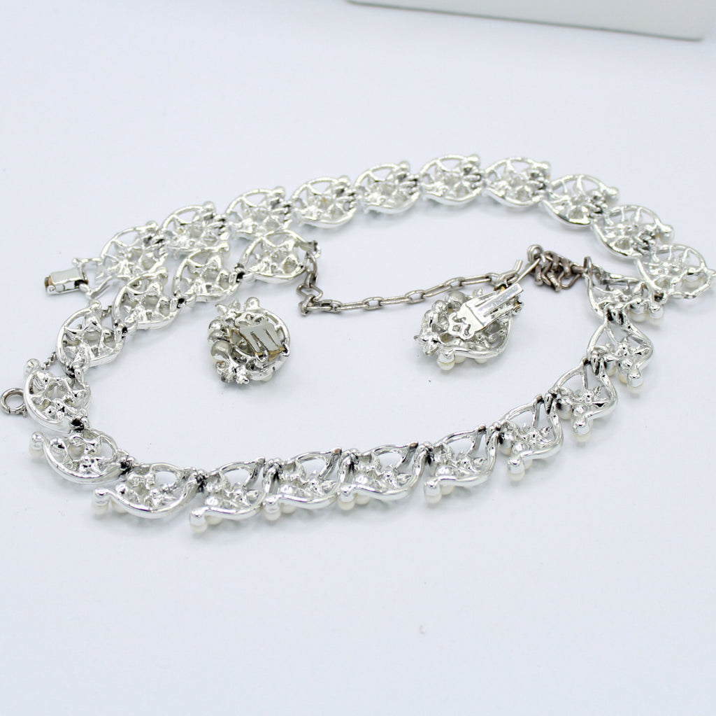 Vintage White ENAMEL PEARL AB Rhinestone Flower Necklace Bracelet Earrings Set