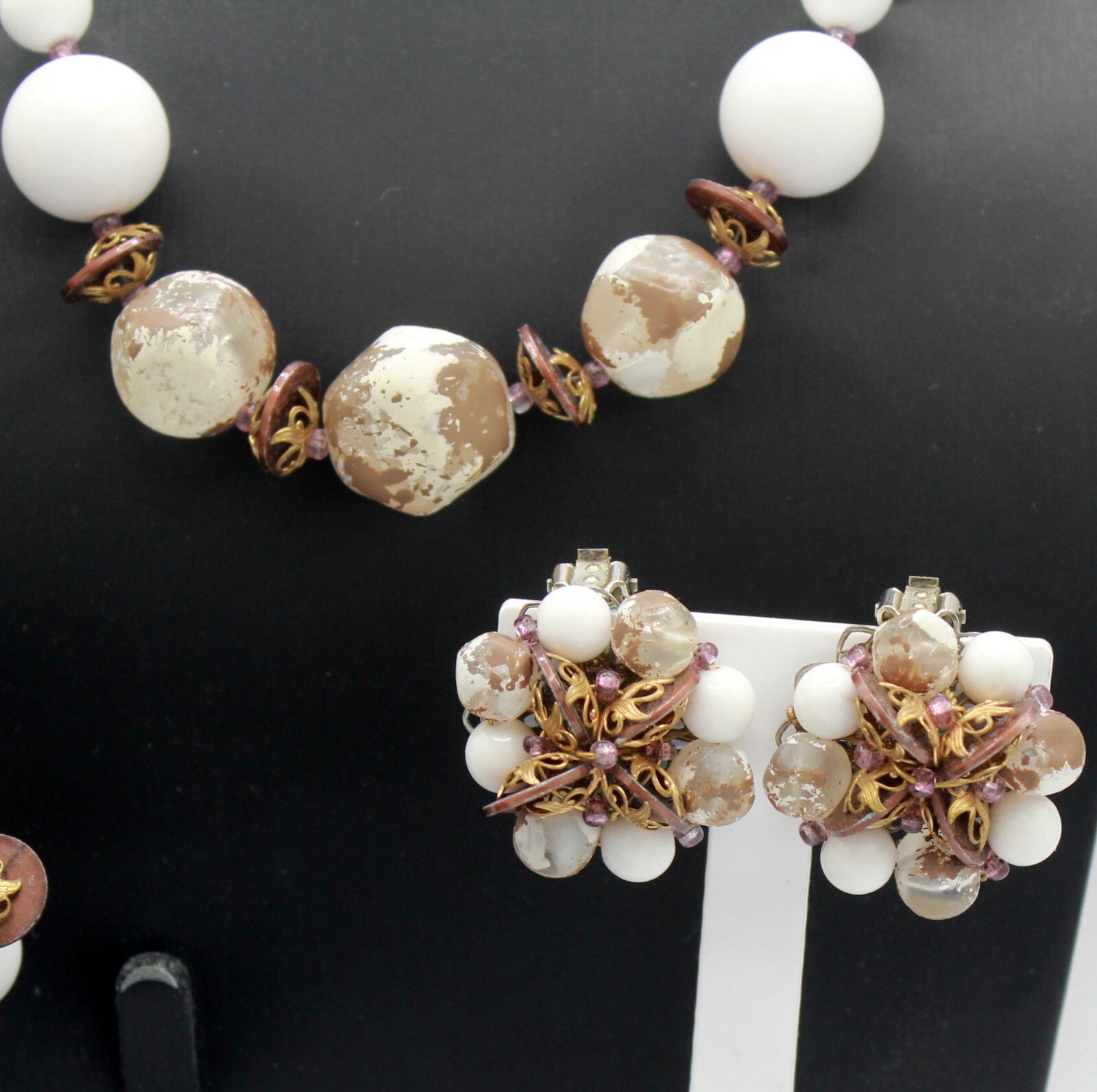 Vintage DEAUVILLE Painted Beads Gold Mauve White Necklace Bracelet Earrings Set
