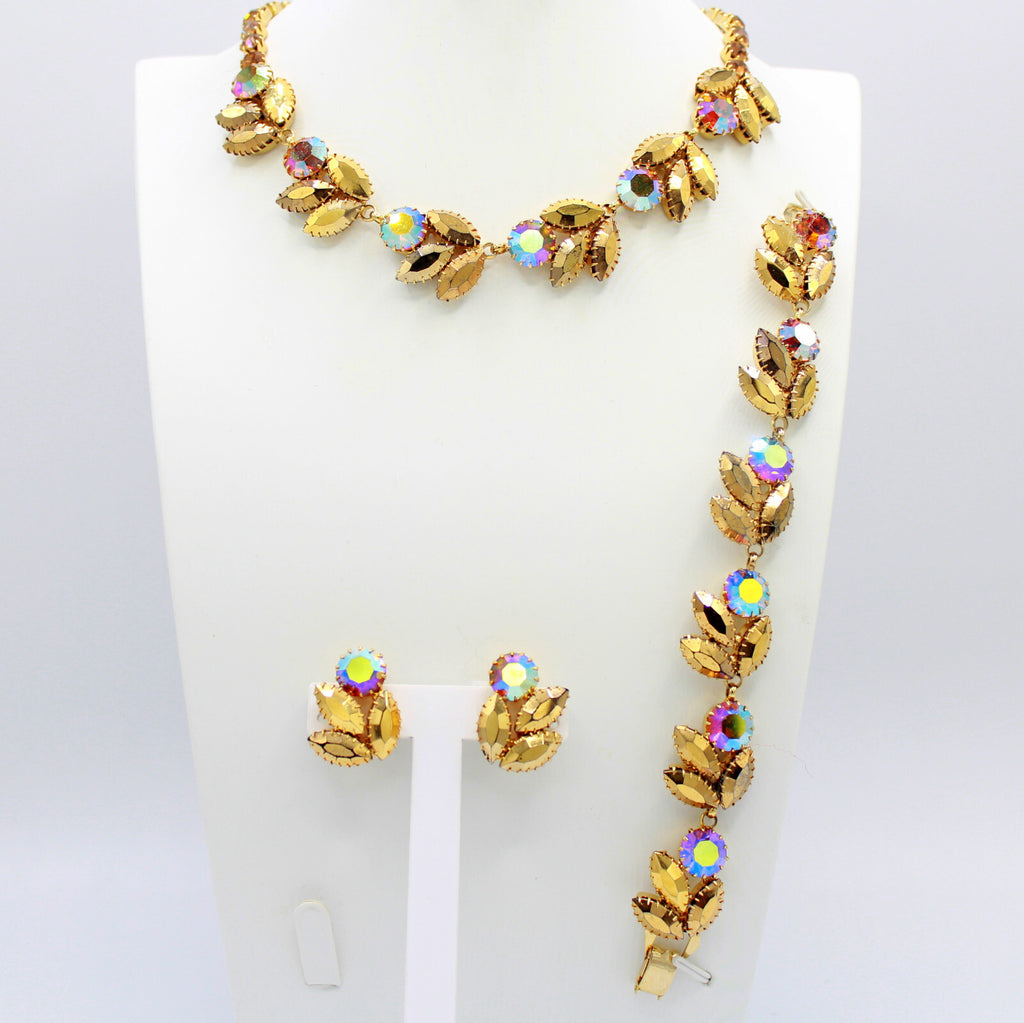 Vintage AURUM GOLD Rhinestone Pink AB Topaz Necklace Bracelet Earrings Set