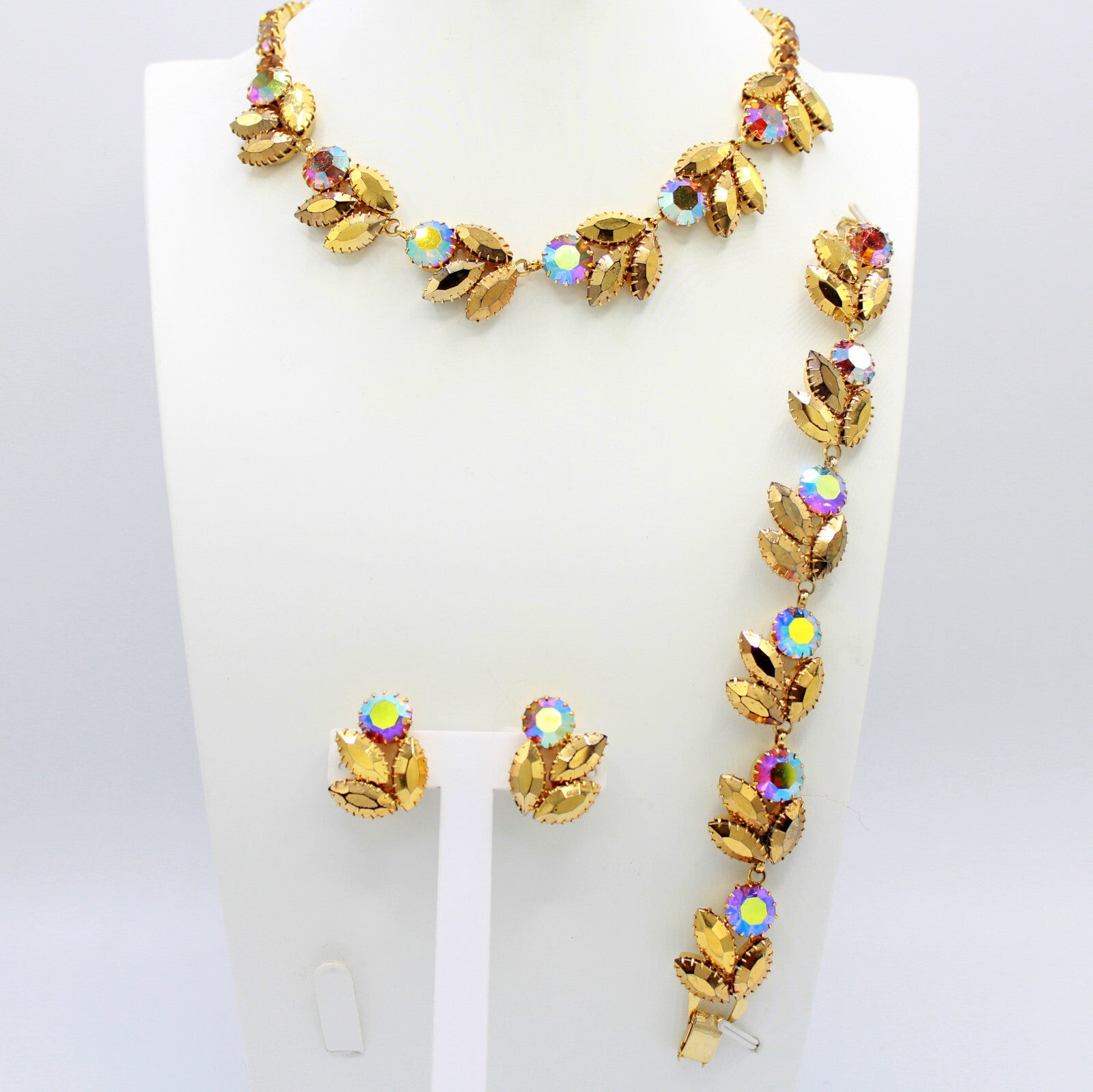 Vintage AURUM GOLD Rhinestone Pink AB Topaz Necklace Bracelet Earrings Set