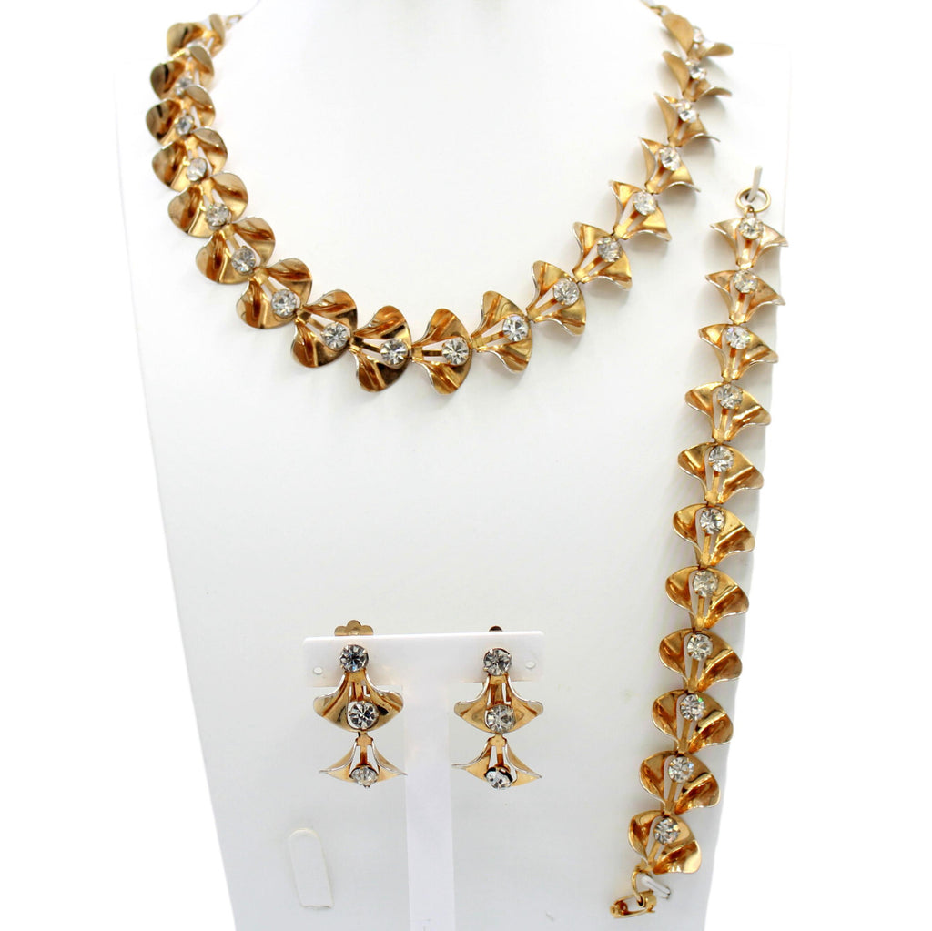 Vintage Clear Rhinestone Golden CALLA LILY Flower Necklace Bracelet Earrings Set
