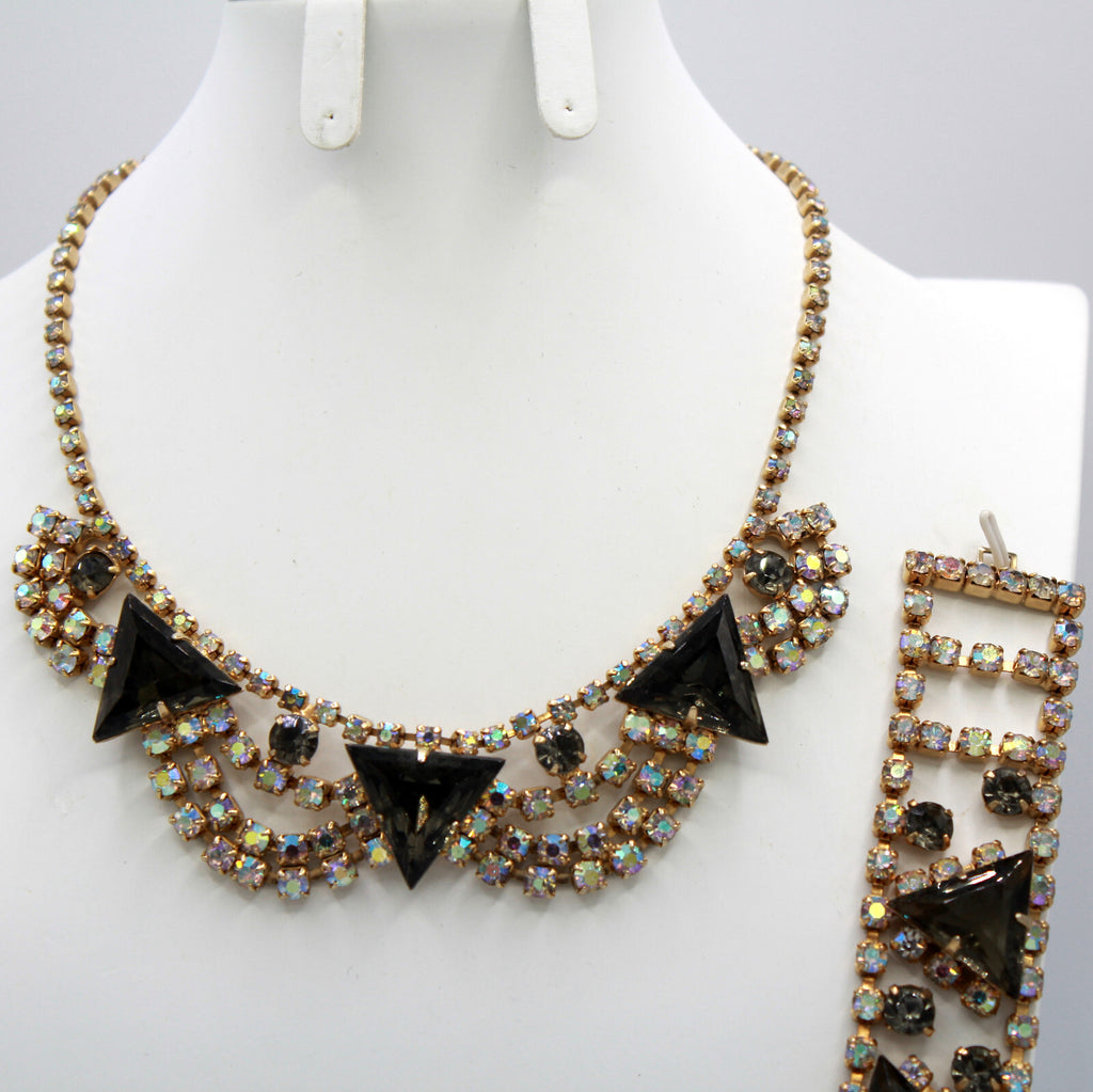 Vintage BLACK DIAMOND GRAY Triangle AB Rhinestone Necklace Bracelet Earrings Set