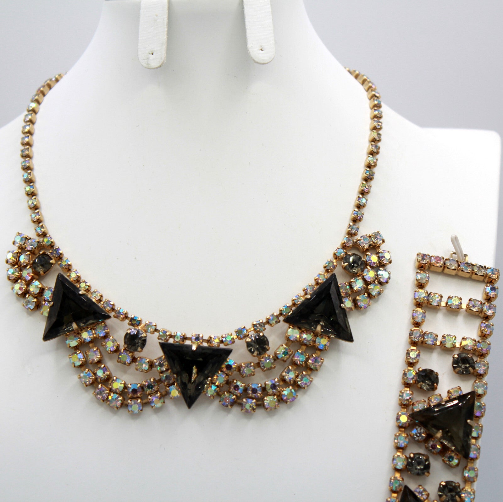 Vintage BLACK DIAMOND GRAY Triangle AB Rhinestone Necklace Bracelet Earrings Set