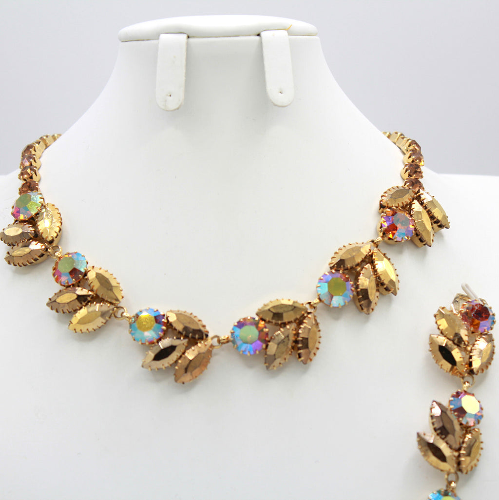 Vintage AURUM GOLD Rhinestone Pink AB Topaz Necklace Bracelet Earrings Set