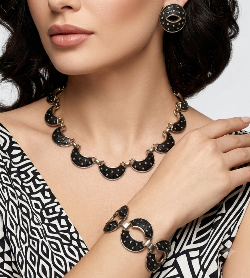 Vintage JUDY LEE Black Enamel Textured Polka Dot Necklace Bracelet Earrings Set