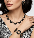 Vintage JUDY LEE Black Enamel Textured Polka Dot Necklace Bracelet Earrings Set