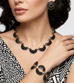 Vintage JUDY LEE Black Enamel Textured Polka Dot Necklace Bracelet Earrings Set