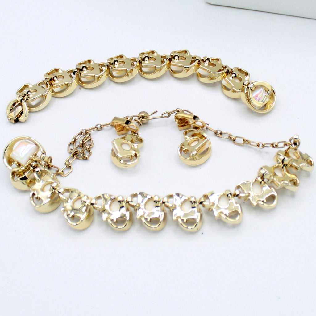 VTG Iridescent White Square Glass Geometric Mod Necklace Bracelet Earrings Set