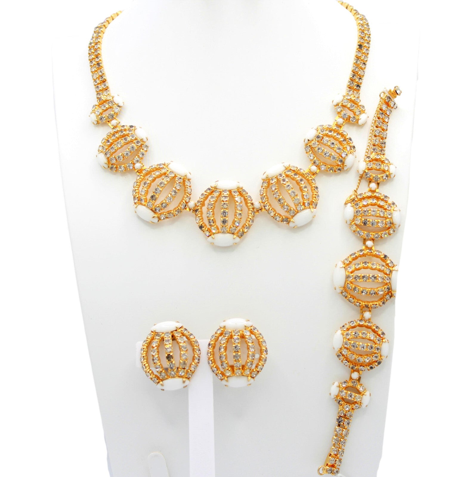 Vintage Clear Rhinestone White Milk Glass Caged Necklace Bracelet Earrings Set