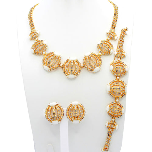 Vintage Clear Rhinestone White Milk Glass Caged Necklace Bracelet Earrings Set