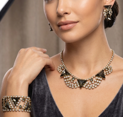 Vintage BLACK DIAMOND GRAY Triangle AB Rhinestone Necklace Bracelet Earrings Set