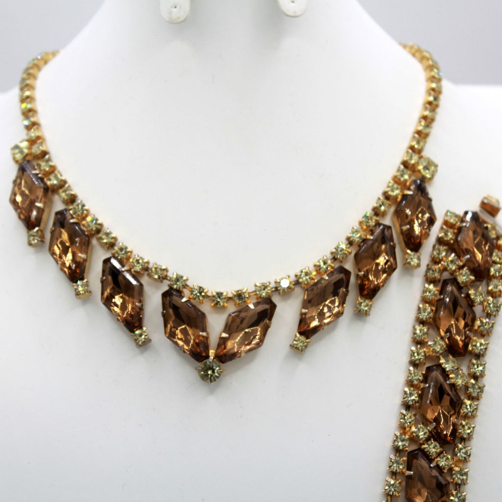 Vintage Topaz Yellow Rhinestone Large Hexagon Necklace Bracelet Earrings Set